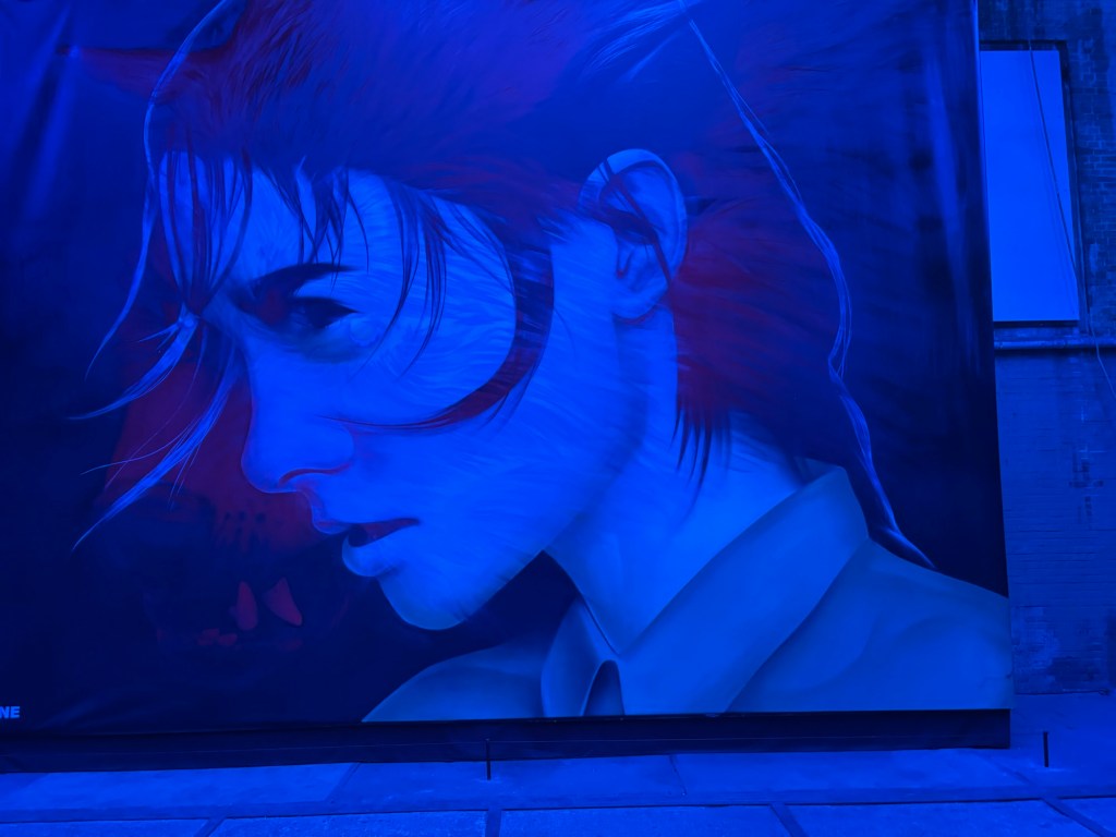 Beim Blick durch das rote Plexiglas werden nur die roten Anteile des Bildes hervorgehoben. Es ist deutlich eine junge Person mit unnatürlich dunklen Augen zu sehen.